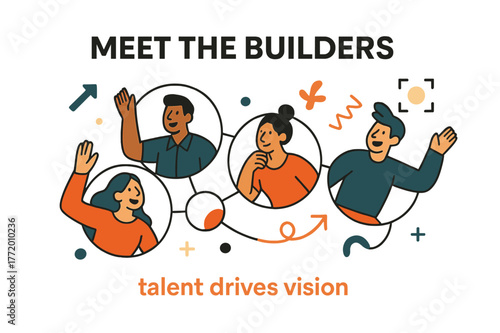 Meet the Builders. Pitch Deck ? Team Introduction. Portrait circles line up under a heading ?Meet the Builders?; connecting lines form a collaborative network.