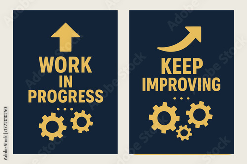 Navy Gold Banners. Work in progress. Two vertical A6 banners with safe margins, centered composition, no elements touching edges, bold, navy and gold, objects