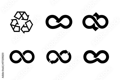 Recycled Metal Jewelry Logos. Recycled metal jewelry. Set Logo of Recycled metal jewelry: infinity loop ring. harmonious logo variations of the same emblematic