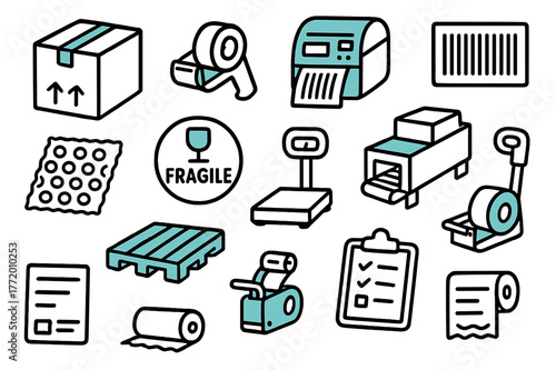 Colorful Packaging Tools. // Packaging & labeling. Hand-drawn doodle illustration Packaging & labeling [carton box (accented), tape dispenser, label printer