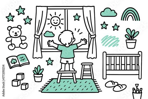 Child's Sunny Awakening. Child opening curtains. Hand-drawn doodle illustration child opening curtains [small figure arms wide (accented), plush toy