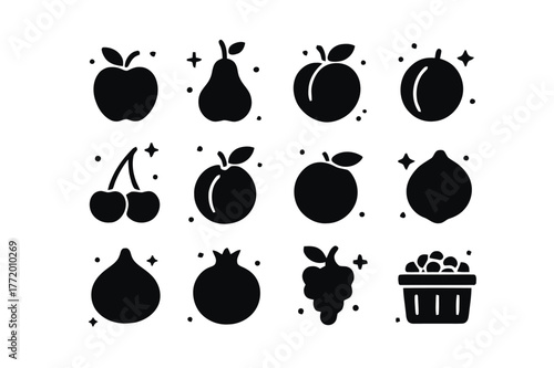 Organic Fruit Icons. Organic fruit orchard. Solid icons set of Organic fruit orchard: apple, pear, peach, plum, cherry, apricot, orange, lemon, fig,