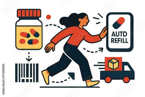 Smart Pharmacy Tech. Healthcare Tech ? Smart Pharmacy. Pill bottle transforms into barcode and delivery icon; dotted arrows connect to a phone app labeled