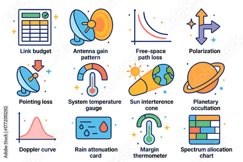 RF Environment Icons. Link analysis and RF environment. Colorful isometric vector icons set of Link analysis and RF environment: link budget worksheet, antenna