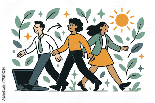 Employee Digital Detox. Digital detox for employees. Employees walking outdoors away from computers with abstract floating leaves, sun, and sparkles; conveys