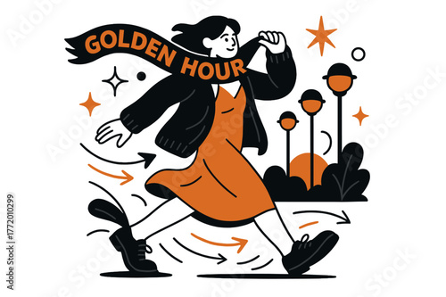 Sunset Style Scene. Evening chill layer. Knit cardigan thrown over a slip dress as the sun dips; scarf letters read ?golden hour.? Streetlights bloom like