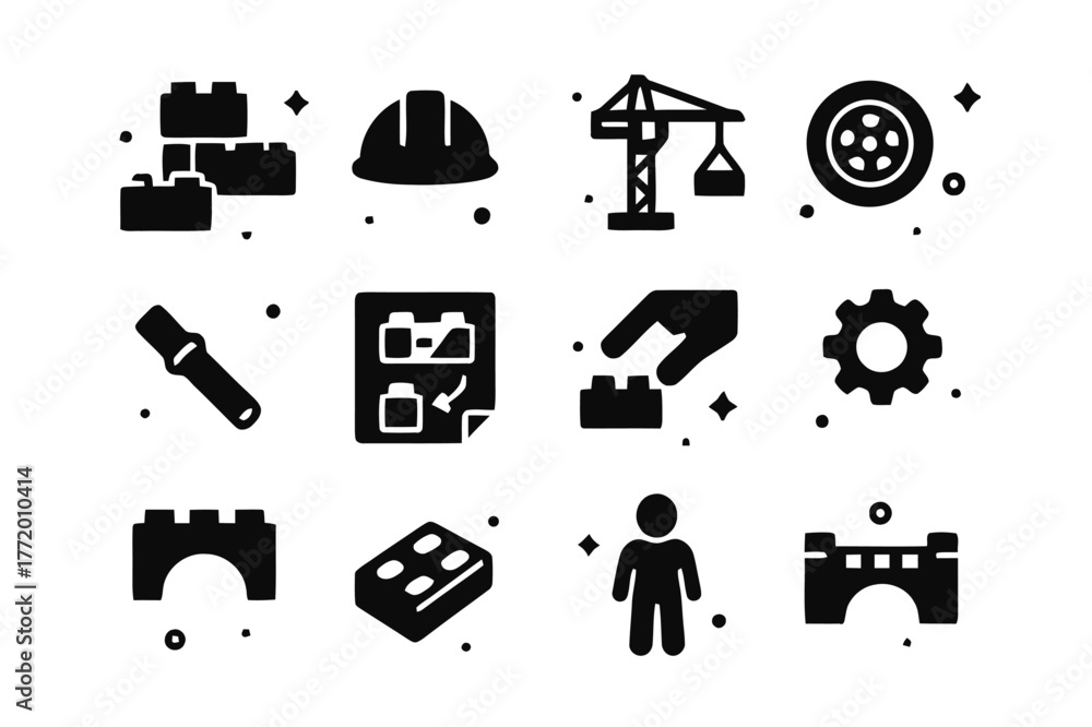 Fototapeta premium LEGO Icon Set. LEGO Construction Play. Solid icons set of LEGO Construction Play: stacked bricks, builder hat, crane arm, wheel, connector peg, instruction