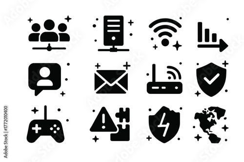 Multiplayer Icons Grid. Multiplayer and networking tests. Solid icons set of multiplayer and networking tests: match lobby, dedicated server, ping indicator,