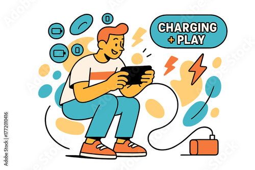 Mobile Charging Animation. Playing a mobile game on the go ? Power bank pit stop. Cable arcs in a clean curve as battery icons orbit the phone. ?CHARGING +