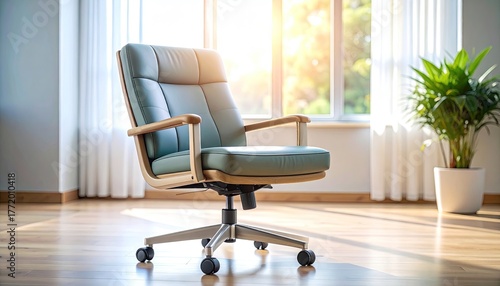 Modern Office Chair with Wooden Armrests in Bright Sunny Room