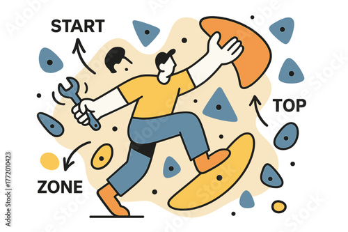 Route Setting Artistry. Route Setter at Work. A wrench spins as a setter places a bright sloper; arrows label ?Start / Zone / Top.? Holds float in a playful