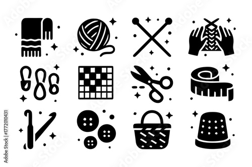 Cozy Knitting Icons. Cozy Knitting. Solid icons set of Cozy Knitting: scarf, yarn ball, knitting needles, hands, stitch markers, pattern chart, scissors,