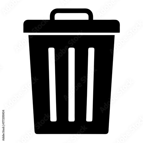 Simple black and white illustration of a trash can or wastebasket