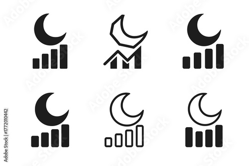 Sleep Recovery Logos. Sleep and recovery. Set Logo of Sleep and recovery: crescent moon over recovery graph. harmonious logo variations of the same emblematic