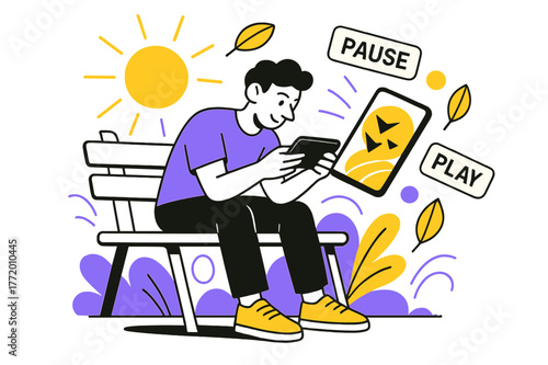 Park Bench Gaming. Playing a mobile game on the go ? Park bench break. Sunbeams and leaves arc around as the player tilts the screen; birds become abstract