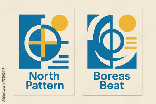 Bauhaus Banners. Bauhaus North. Two vertical A6 banners with safe margins, centered composition, no elements touching edges, bauhaus, azure and gold, bold