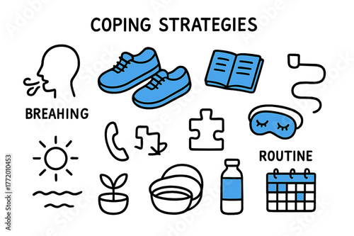 Coping Strategies Icons. // Coping strategies. Hand-drawn doodle illustration Coping strategies [breathing icon (accented), walking shoes (accented), journal