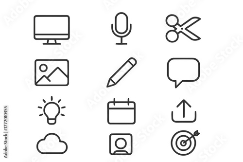 Content Creation Icons. Content creation. Line icon set of content creation: computer, microphone, editing scissors, image frame, pen, speech bubble, idea