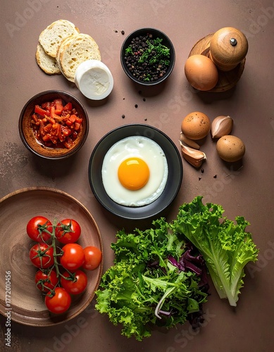 Overhead Shot of a Freshly Cooked Egg with Assorted Breakfast Ingredients and Garnishes on Brown Surface