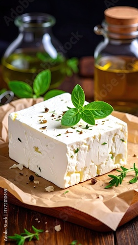 Close Up View of Feta Cheese with Fresh Herbs and Olive Oil in a Rustic Setting