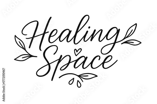 Healing Space Lettering. Healing Space ? brush script hand-lettering with fluid semi-cursive strokes, thin connectors, soft brush flicks;