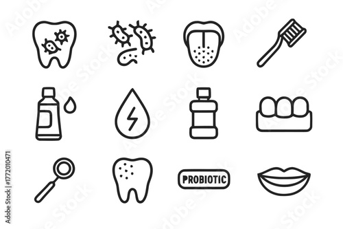 Oral Microbiome Icons. Oral microbiome. Line icon set of oral microbiome: tooth, bacteria, tongue, toothbrush, toothpaste, saliva droplet, mouthwash bottle,