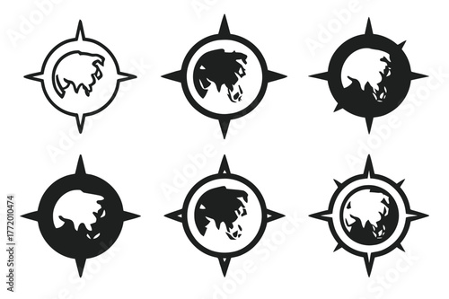 Asian Continent Logos. Asia. Set Logo of Asia: Asia continent outline with compass. Icon set. harmonious logo variations of the same emblematic concept, each