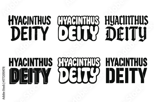 Diverse Lettering Styles. Hyacinthus Deity. Set lettering. harmonious lettering variations of the same emblematic concept, each with different artistic