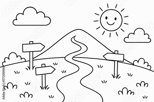 Pilgrimage Path Coloring. Pilgrimages and spiritual travel children?s coloring book illustration, outlined drawing, a friendly path winding toward a distant