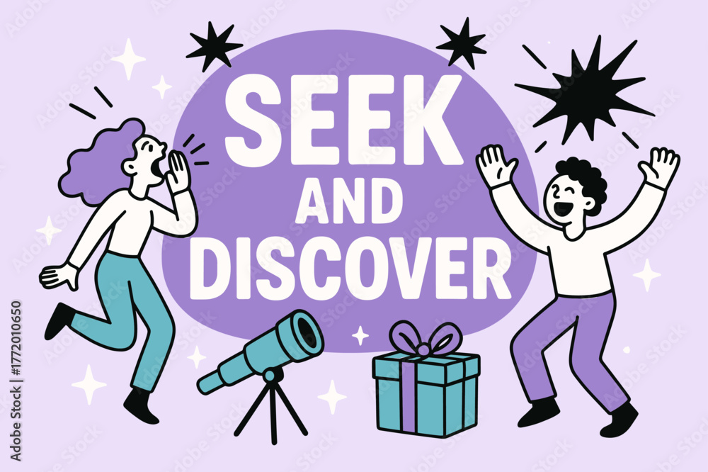 Obraz premium Seek and Discover. Seek and discover banner, flat vector illustration, bold oversized text inside rounded blob, cartoon characters shouting and dancing,