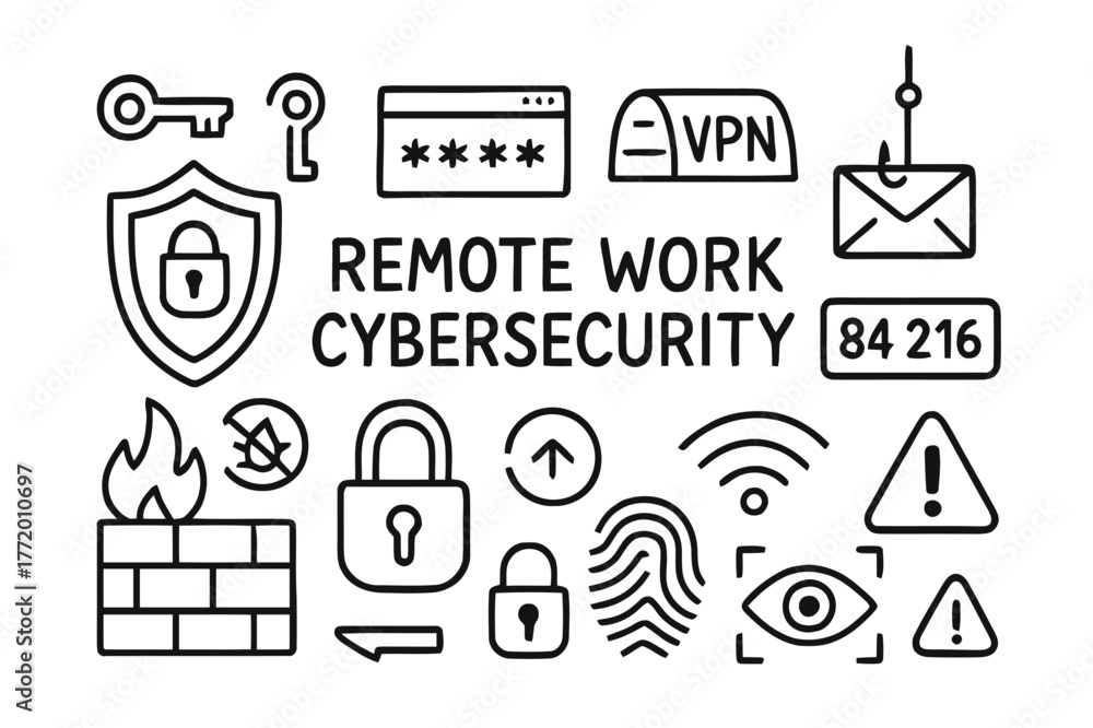 Fototapeta premium Remote Work Cybersecurity Icons. Remote work cybersecurity. Hand-drawn doodle illustration remote work cybersecurity shield, lock, key, two-factor code, VPN