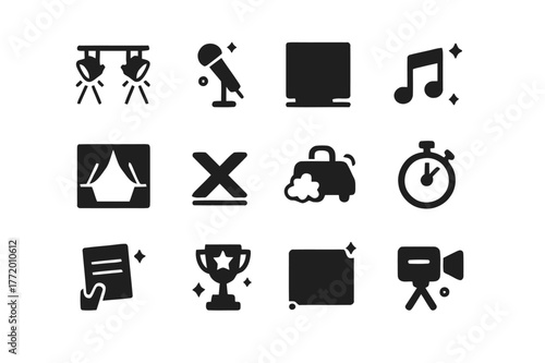 Cosplay Performance Icons. Cosplay stage performance and posing. Solid icons set of Cosplay stage performance and posing: stage lights, microphone, pose guide,