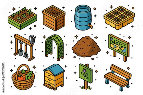 Urban Garden Icons. Urban community gardens. Colorful isometric vector icons set of Urban community gardens: raised beds, compost bin, rain barrel, seedling