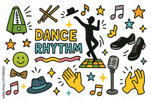 Dance Rhythm Icons. . Still Power ? Script Hand-Lettering: smooth brush script with steady rhythm, gentle slant, and restrained curves; slightly arched