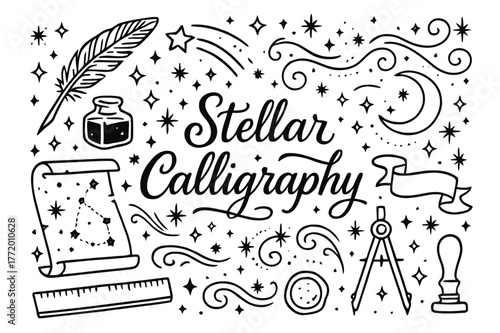 Stellar Calligraphy Elements. Stellar calligraphy. Hand-drawn doodle illustration stellar calligraphy quill, ink bottle, star trails, comet tail, curved