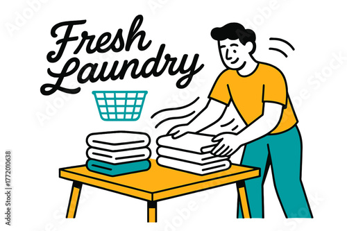 Fresh Laundry Art. Folding Station Scene. A person folds crisp towels on a table; soft motion lines show rhythm and calm. ?Fresh Laundry? floats in smooth