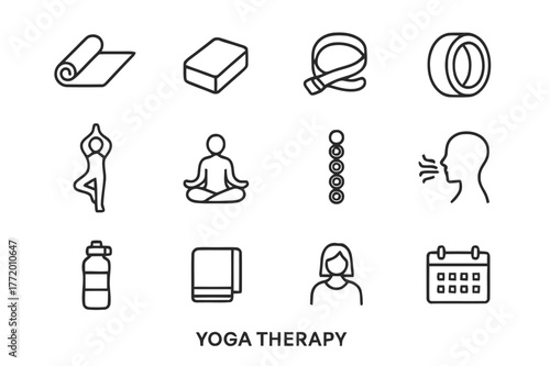 Yoga Therapy Icons. Yoga therapy. Line icon set of yoga therapy: yoga mat, yoga block, yoga strap, yoga wheel, tree pose figure, lotus pose figure, chakra
