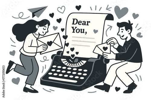 Typewriter Love Letters. Typewriter love letters. Keys jump like tiny hearts as a page curls out; ?Dear You,? glows on the first line. He seals an envelope
