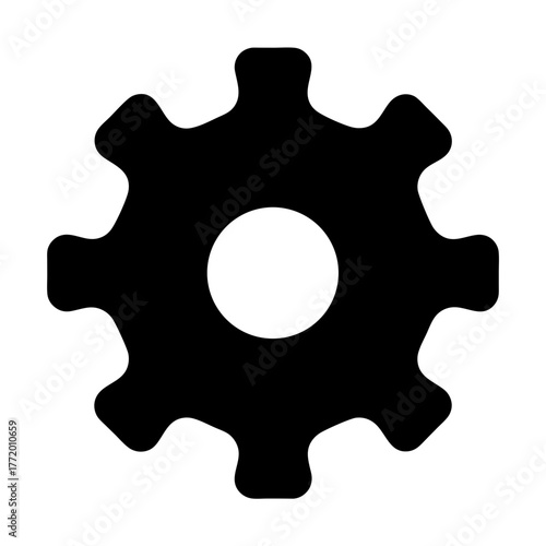 Simple black gear icon with rounded teeth on a white background