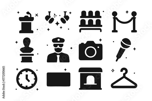 Auction House Icons. Auction house interior. Solid icons set of Auction house interior: stage podium, spotlight pair, rows of chairs, velvet rope, lot display