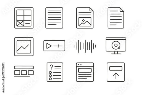 Course Icon Set. Course design and authoring. Line icon set of course authoring: storyboard, lesson plan, content slide, script, image placeholder, video