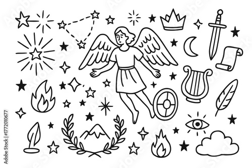 Mythical Sky Illustrations. Stars and mythology. Hand-drawn doodle illustration Stars and mythology winged figure, constellation lines, crown, sword, shield,