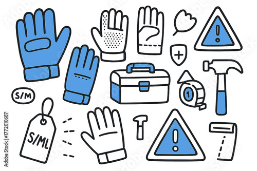 Work Gloves Doodle. // Work gloves. Hand-drawn doodle illustration work gloves [glove pair (accented), single glove, palm padding (accented), wrist cuff,