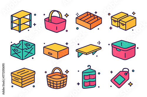 Colorful Minimalist Storage Icons. Minimalist storage solutions. Colorful isometric vector icons set of Minimalist storage solutions: open shelving, storage