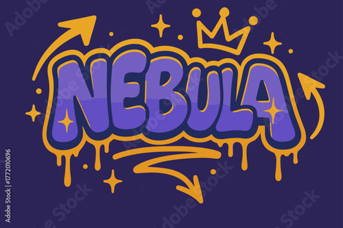 Urban Cosmic Graffiti. . Urban Nebula ? Graffiti Simplified: thick bubble letters slightly tilted, soft dripping outlines and inner starburst fills; arrows and