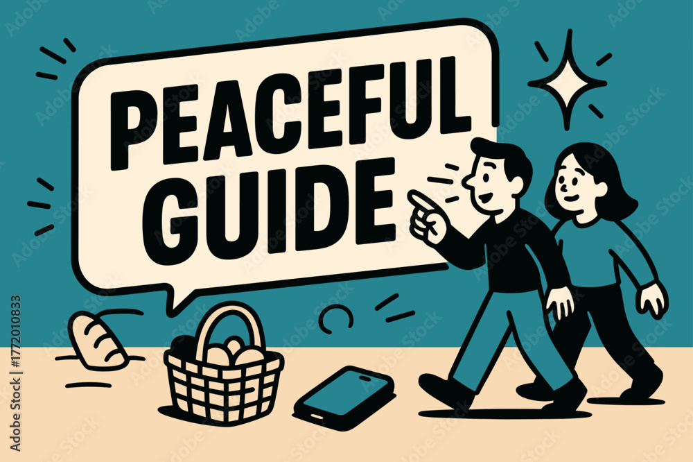 Naklejka premium Peaceful Guide Banner. Peaceful Guide banner, flat vector illustration, bold oversized text inside sticker outline banner, cartoon characters walking and