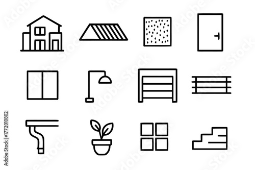 Black Exterior Icon Set. Black Exterior. Line icon set of Black Exterior: modern house facade, dark roof, matte wall texture, steel door, minimalist windows,