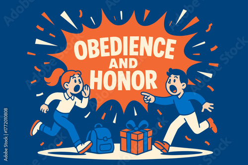 Obedience Honor Banner. Obedience and Honor banner, flat vector illustration, bold oversized text inside splash explosion banner, cartoon characters running
