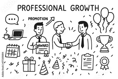 Professional Growth Doodle. Professional Growth. Hand-drawn doodle illustration Professional Growth person receiving promotion, award certificate, laptop,