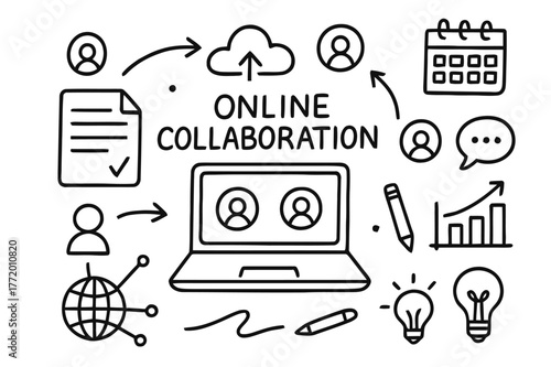 Online Collaboration Icons. Online collaboration. Hand-drawn doodle illustration online collaboration laptop, shared document, cloud icon, people avatars,
